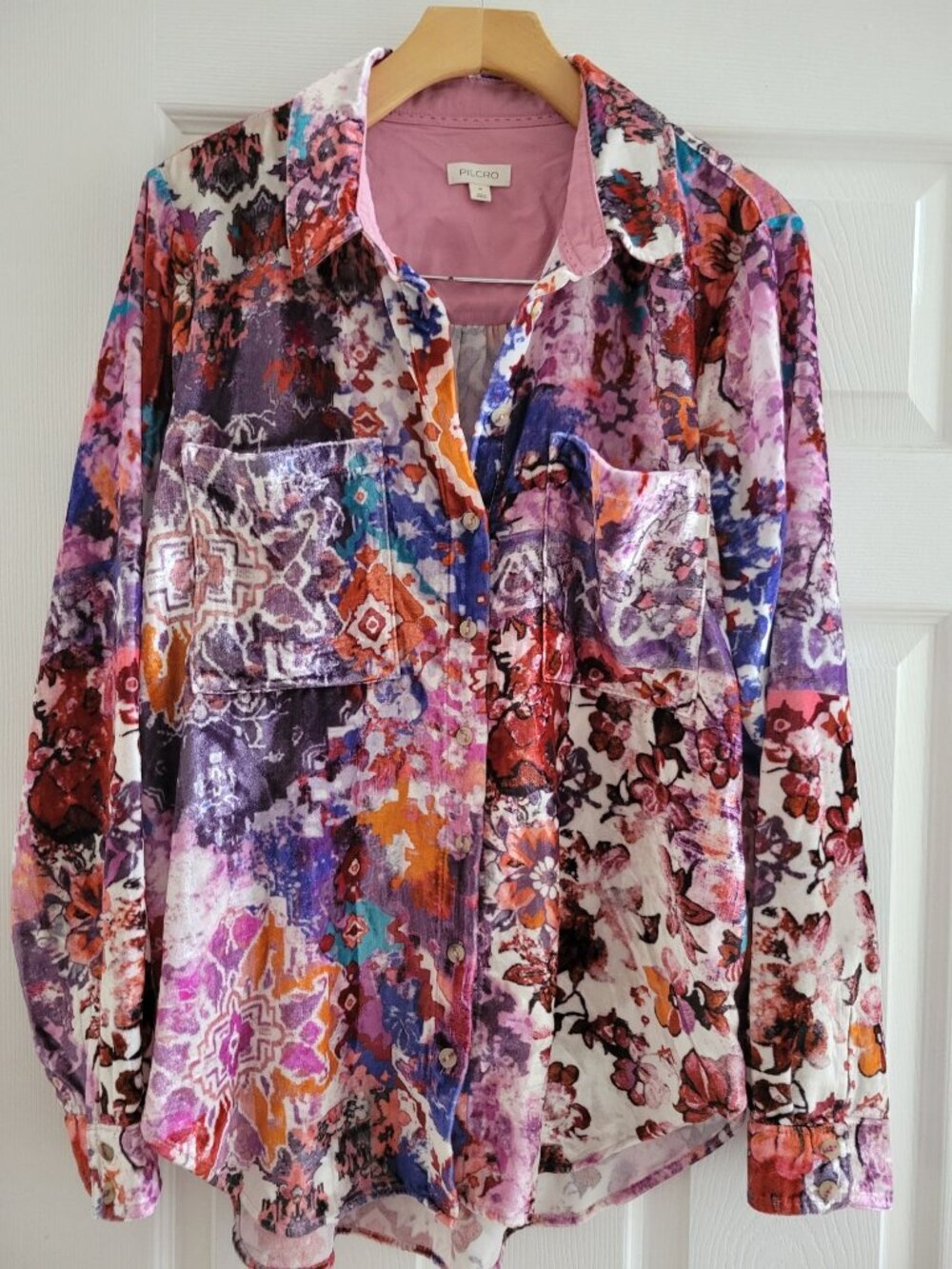Anthropologie Pilcro Pink Multi-color Crushed Velvet shirt size Medium top - Picture 2 of 9